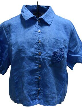 Calypso short-sleeve linen button-up shirt with embroidered shell pocket size S